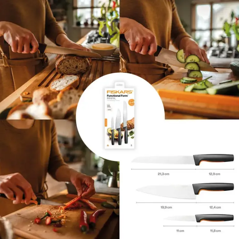 FISKARS FUNCTIONAL FORM 1057559 Komplet 3 noży kuchennych STARTER SET w pudełku + Ostrzałka EDGE