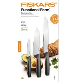 FISKARS FUNCTIONAL FORM 1057559 Komplet 3 noży kuchennych STARTER SET w pudełku + Ostrzałka EDGE
