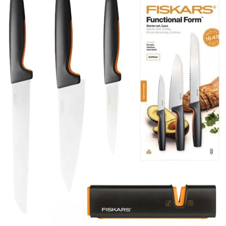 FISKARS FUNCTIONAL FORM 1057559 Komplet 3 noży kuchennych STARTER SET w pudełku + Ostrzałka EDGE