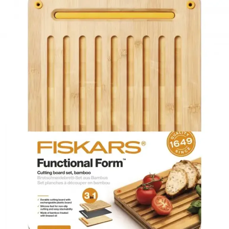 FISKARS FUNCTIONAL FORM Zestaw 2 desek do krojenia + nakładka 35x25 cm / bambus + tworzywo
