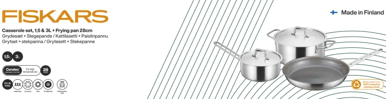 FISKARS Zestaw garnków 5 el | Garnek 20 cm / 3 L + Rondel 16 cm / 1,5 L + Patelnia 28 cm