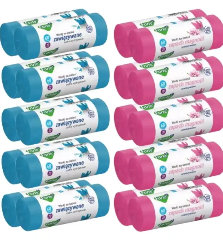 FORTE+ EASY-BAG Komplet 10x Worki na śmieci 60 L | 20 szt. / zawiązywane + 10x Worki na śmieci 60 L | 20 szt. / zawiązywane / zapach magnolia