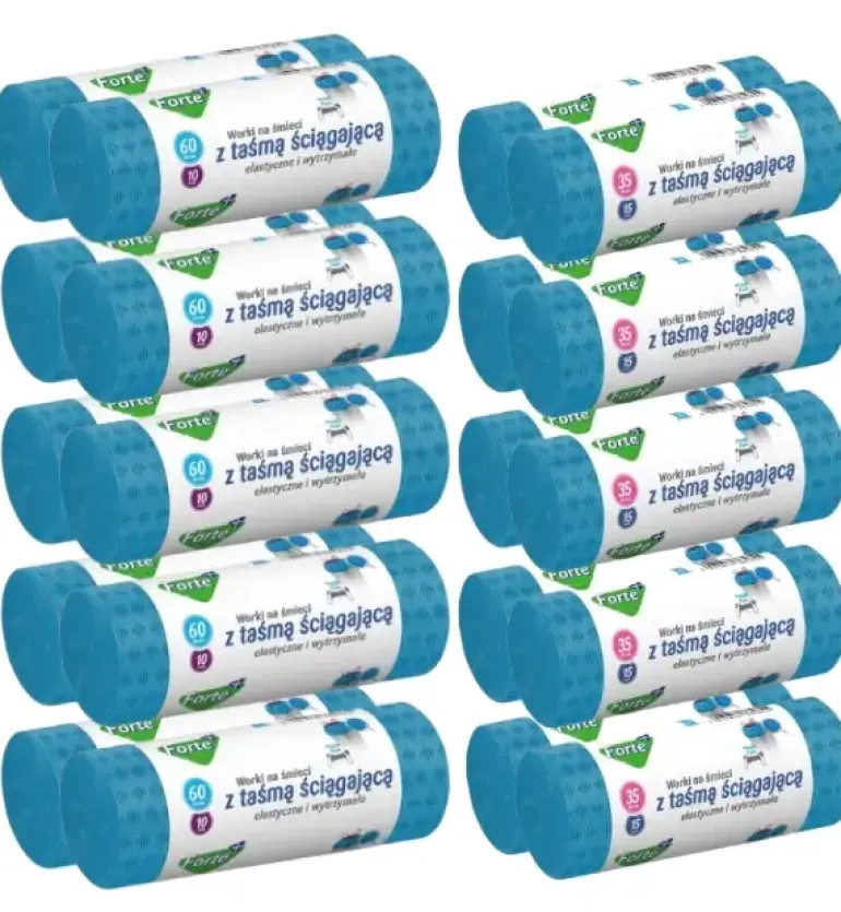 FORTE+ Komplet 10x Worki na śmieci 35 L | 15 szt. + 10x Worki na śmieci 60 L | 10 szt. / LDPE / z taśmą i przetłoczeniami