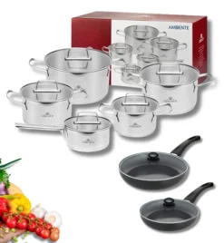 GERLACH AMBIENTE Komplet Garnki z pokrywkami 10 el + Patelnie Initial 24, 28 cm + pokrywki szklane / stal nierdzewna / indukcja