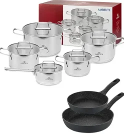 GERLACH AMBIENTE Komplet Garnki z pokrywkami 10 el + Patelnie Granitex 24, 28 cm / stal nierdzewna / indukcja