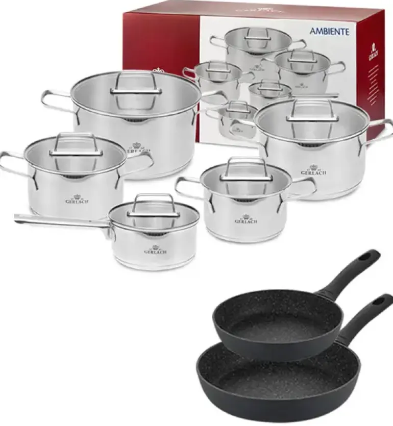 GERLACH AMBIENTE Komplet Garnki z pokrywkami 10 el + Patelnie Granitex 24, 28 cm / stal nierdzewna / indukcja