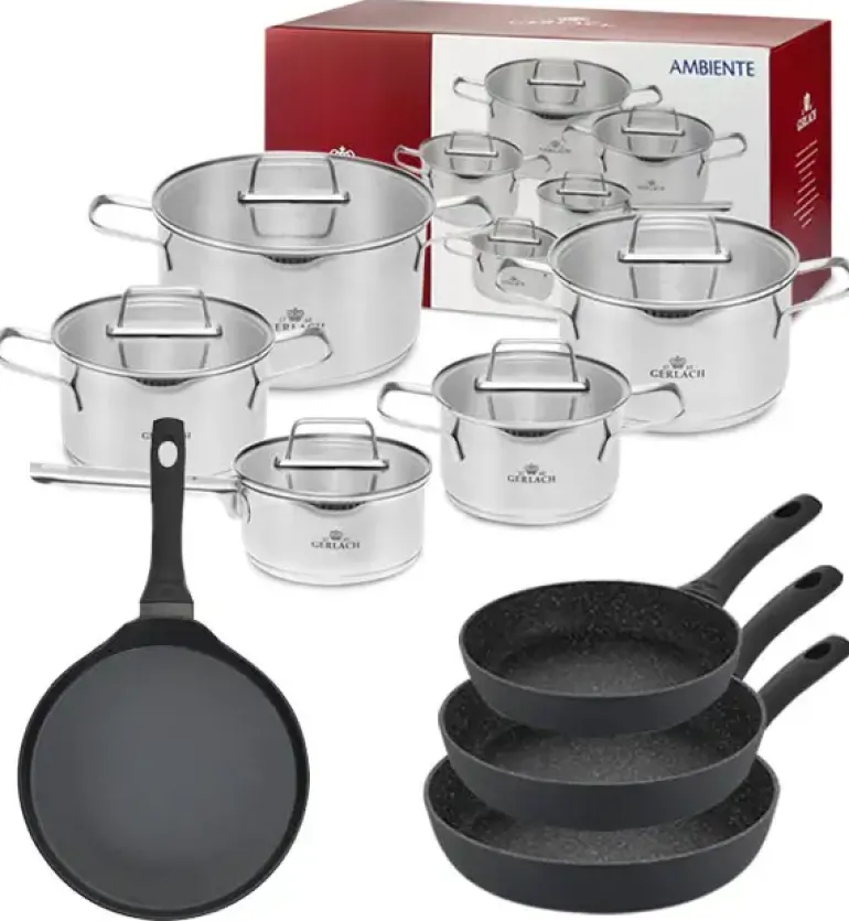 GERLACH AMBIENTE Komplet Garnki z pokrywkami 10 el + Patelnia naleśnikowa 26 cm +Granitex Patelnia 20, 24, 28 cm