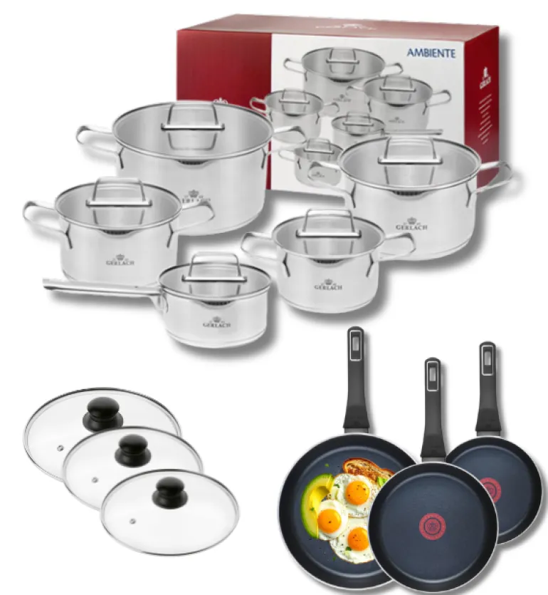 GERLACH AMBIENTE Komplet Garnki z pokrywkami 10 el + Patelnie Ambiente ThermoCoat 20, 24, 28 cm + pokrywki szklane / stal nierdzewna / indukcja
