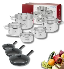 GERLACH AMBIENTE Komplet Garnki z pokrywkami 10 el + Patelnie Granitex 20, 24, 28 cm z pokrywkami / stal nierdzewna / indukcja