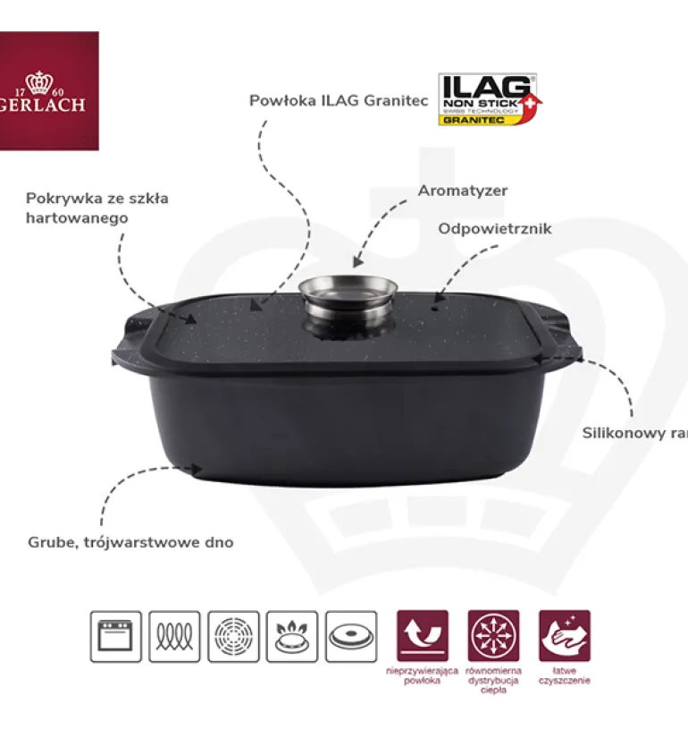GERLACH AMBIENTE Komplet Garnki z pokrywkami 10 el + Patelnie Ambiente ThermoCoat 20, 24, 28 cm + patelnia naleśnikowa 26 cm + Brytfanna / stal nierdzewna / indukcja