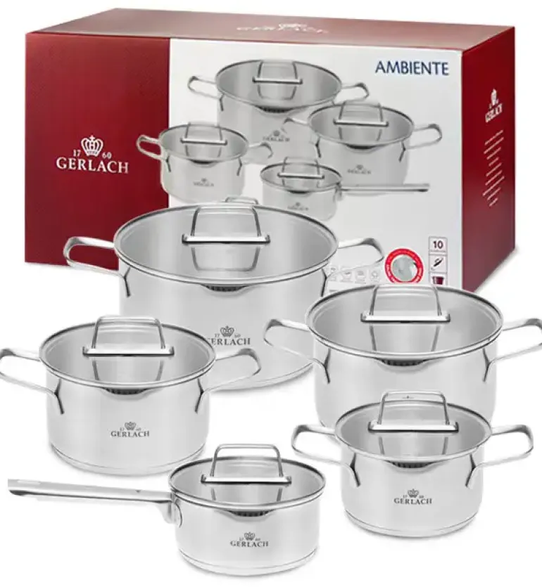 GERLACH AMBIENTE Komplet Garnki z pokrywkami 10 el + Patelnie Ambiente ThermoCoat 20, 24, 28 cm + patelnia naleśnikowa 26 cm + Brytfanna / stal nierdzewna / indukcja