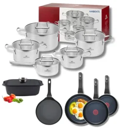 GERLACH AMBIENTE Komplet Garnki z pokrywkami 10 el + Patelnie Ambiente ThermoCoat 20, 24, 28 cm + patelnia naleśnikowa 26 cm + Brytfanna / stal nierdzewna / indukcja