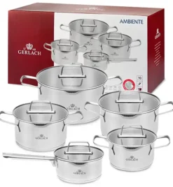GERLACH AMBIENTE Komplet Garnki z pokrywkami 10 el + Patelnie Ambiente ThermoCoat 20, 24, 28 cm / stal nierdzewna / indukcja