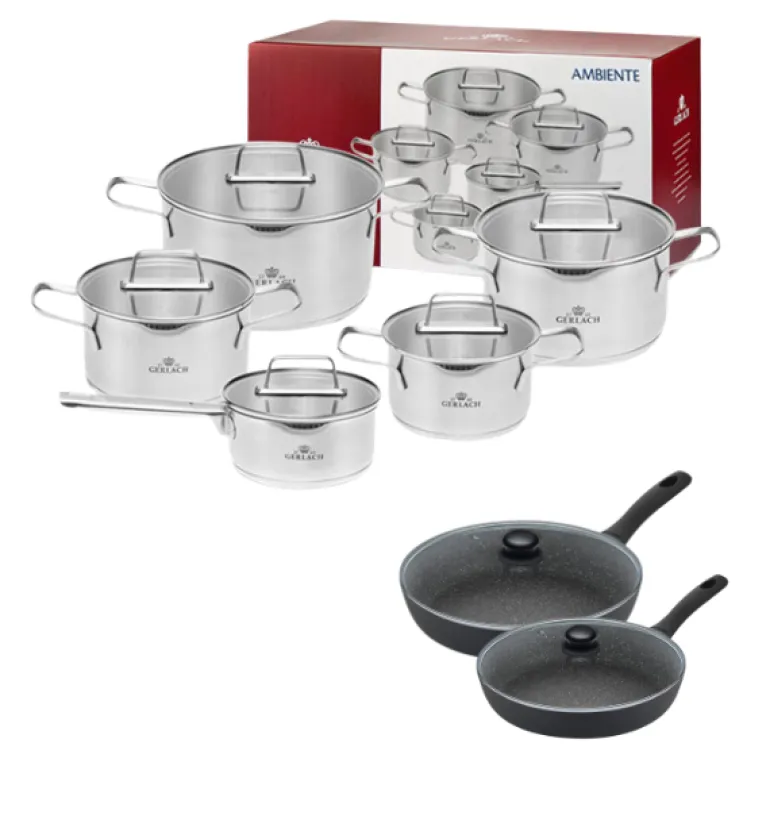 GERLACH AMBIENTE Komplet Garnki z pokrywkami 10 el + Patelnie Granitex 20, 28 cm +pokrywki uniwersalne / stal nierdzewna / indukcja