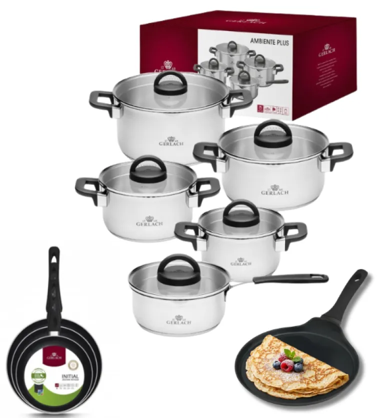 GERLACH AMBIENTE PLUS Komplet Garnki z pokrywkami 10 el + Patelnie Initial 20, 24, 28 cm + Patelnia naleśnikowa 26 cm / stal nierdzewna / indukcja