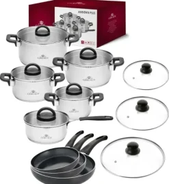 GERLACH AMBIENTE PLUS Komplet Garnki z pokrywkami 10 el + Patelnie Initial 20, 24, 28 cm + Pokrywki szklane TADAR