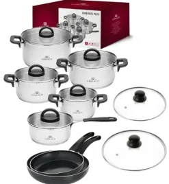 GERLACH AMBIENTE PLUS Komplet Garnki z pokrywkami 10 el + Patelnie Initial 24, 28 cm + Pokrywki szklane TADAR