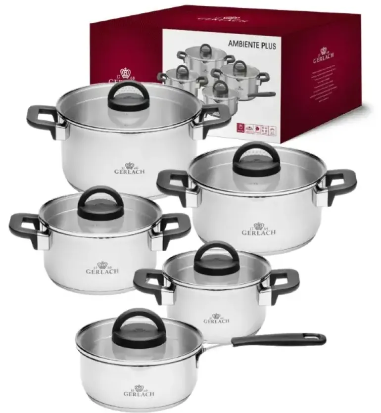GERLACH AMBIENTE PLUS Komplet Garnki z pokrywkami 10 el - stal nierdzewna 18/10 + Patelnia Gerlach Ambiente ThermoCoat 20, 24, 28 cm + Patelnia naleśnikowa 26 cm