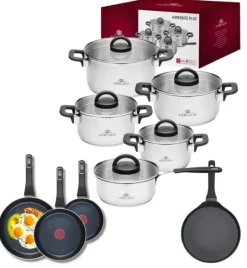 GERLACH AMBIENTE PLUS Komplet Garnki z pokrywkami 10 el - stal nierdzewna 18/10 + Patelnia Gerlach Ambiente ThermoCoat 20, 24, 28 cm + Patelnia naleśnikowa 26 cm
