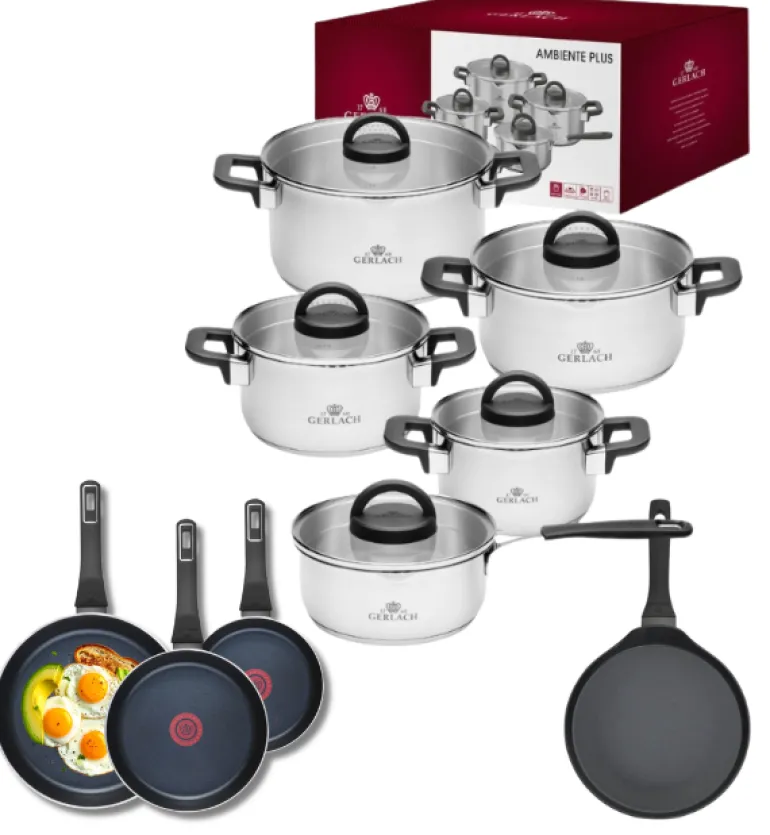 GERLACH AMBIENTE PLUS Komplet Garnki z pokrywkami 10 el - stal nierdzewna 18/10 + Patelnia Gerlach Ambiente ThermoCoat 20, 24, 28 cm + Patelnia naleśnikowa 26 cm
