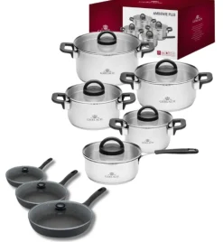 GERLACH AMBIENTE PLUS Komplet Garnki z pokrywkami 10 el - stal nierdzewna 18/10 + Patelnia Granitex 20, 24, 28 cm + pokrywski szklane