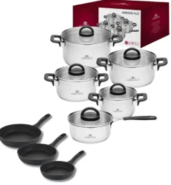 GERLACH AMBIENTE PLUS Komplet Garnki z pokrywkami 10 el - stal nierdzewna 18/10 + Patelnia Granitex 20, 24, 28 cm
