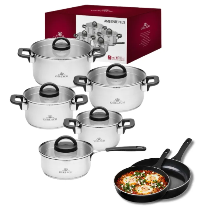 GERLACH AMBIENTE PLUS Komplet Garnki z pokrywkami 10 el - stal nierdzewna 18/10 + Patelnia Harmony Classic 20, 28 cm