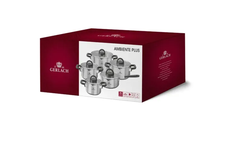 GERLACH AMBIENTE PLUS Komplet Garnki z pokrywkami 10 el - stal nierdzewna 18/10 + Patelnia Gerlach Ambiente ThermoCoat 20, 28 cm