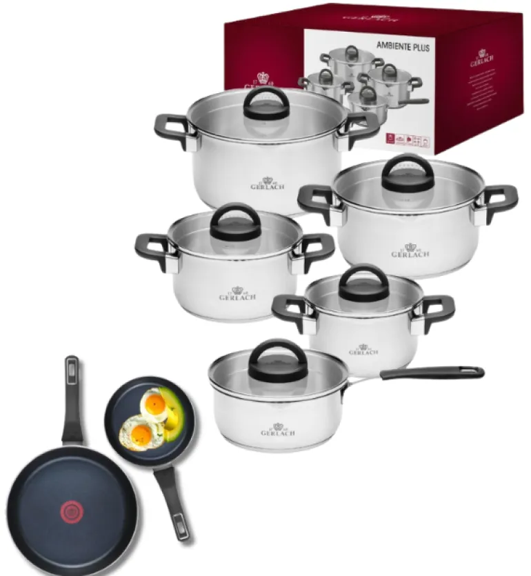 GERLACH AMBIENTE PLUS Komplet Garnki z pokrywkami 10 el - stal nierdzewna 18/10 + Patelnia Gerlach Ambiente ThermoCoat 20, 28 cm