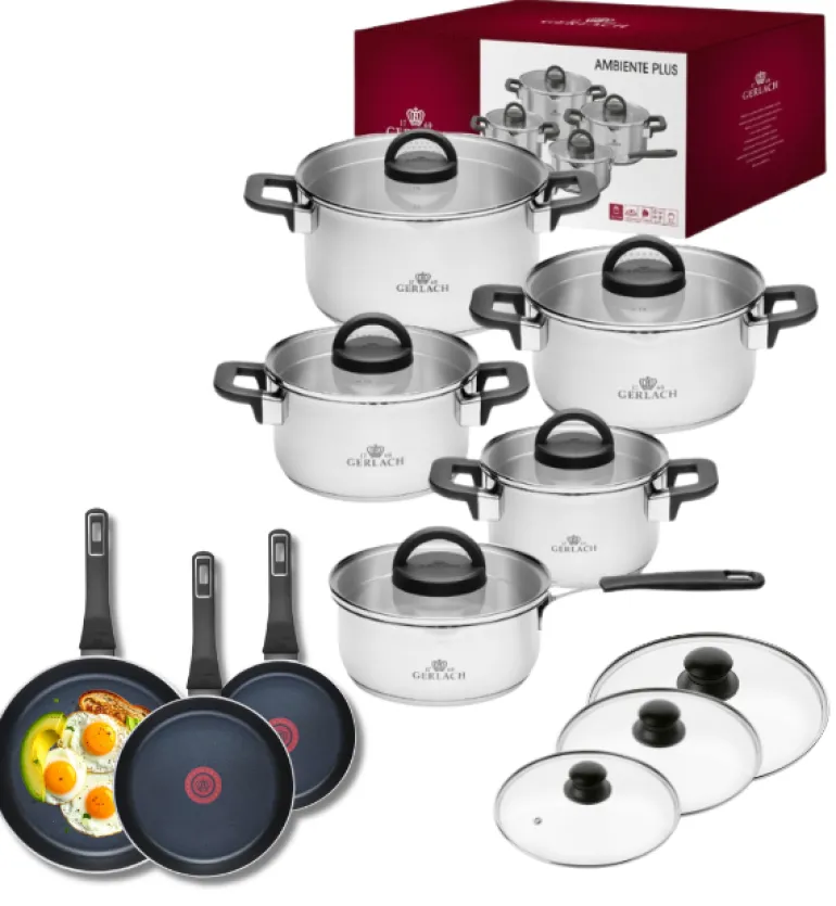 GERLACH AMBIENTE PLUS Komplet Garnki z pokrywkami 10 el - stal nierdzewna 18/10 + Patelnia Gerlach Ambiente ThermoCoat 20, 24, 28 cm + pokrywki szklane
