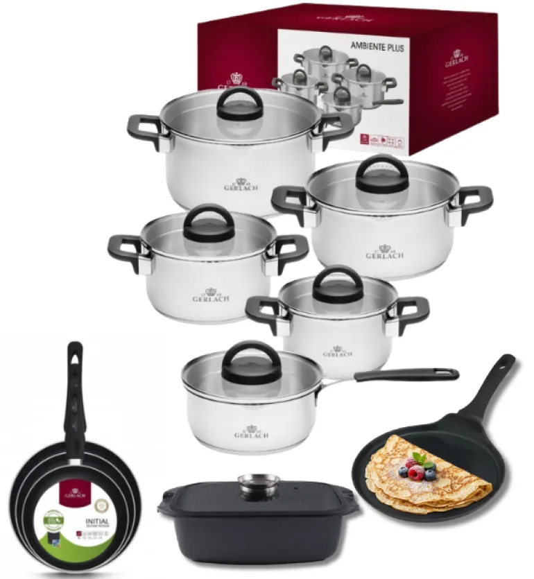 GERLACH AMBIENTE PLUS Komplet Garnki z pokrywkami 10 el + Patelnie Initial 20, 24, 28 cm + Patelnia naleśnikowa 26 cm + Brytfanna Granitex / stal nierdzewna / indukcja