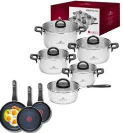 GERLACH AMBIENTE PLUS Komplet Garnki z pokrywkami 10 el - stal nierdzewna 18/10 + Patelnia Gerlach Ambiente ThermoCoat 20, 24, 28 cm