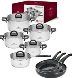 GERLACH AMBIENTE PLUS Komplet Garnki z pokrywkami 10 el + Patelnie Initial 20, 24, 28 cm / stal nierdzewna / indukcja