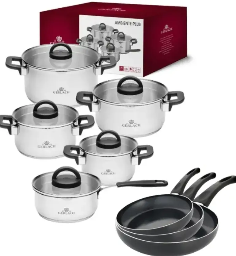 GERLACH AMBIENTE PLUS Komplet Garnki z pokrywkami 10 el + Patelnie Initial 20, 24, 28 cm / stal nierdzewna / indukcja