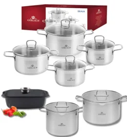 GERLACH BRAVA Komplet Garnki z pokrywkami 8 el + garnek 7 l + 10 l + Brytfanna Granitex