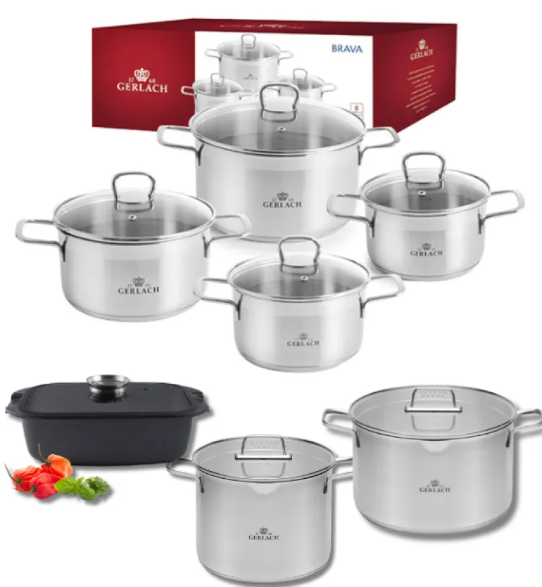 GERLACH BRAVA Komplet Garnki z pokrywkami 8 el + garnek 7 l + 10 l + Brytfanna Granitex