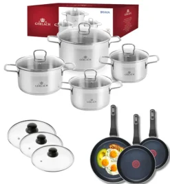 GERLACH BRAVA Komplet Garnki z pokrywkami 8 el + patelnie Gerlach Ambiente 20, 24, 28 cm + pokrywki szklane