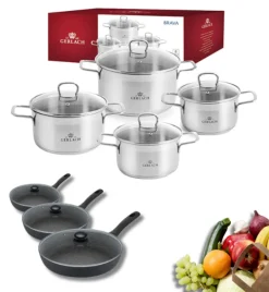GERLACH BRAVA Komplet Garnki z pokrywkami 8 el + patelnie Gerlach Granitex 20, 24, 28 cm + pokrywki szklane