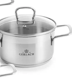 GERLACH BRAVA Komplet Garnki z pokrywkami 8 el + patelnie Gerlach Granitex 20, 24, 28 cm + pokrywki szklane