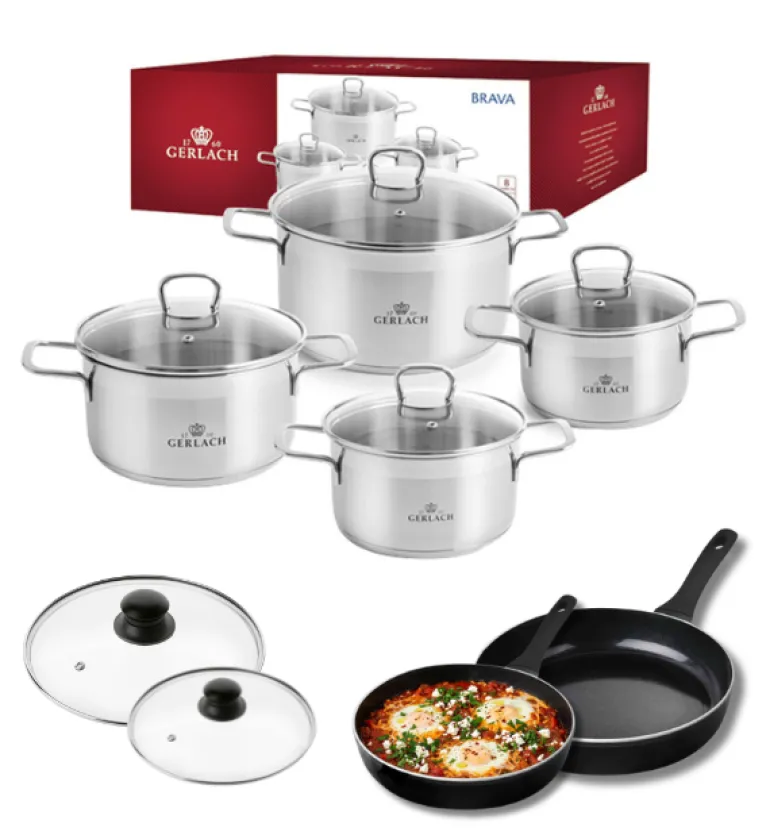 GERLACH BRAVA Komplet Garnki z pokrywkami 8 el + patelnie Gerlach Harmony Classic 28, 20 cm + pokrywki szklane / indukcja