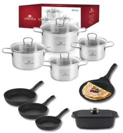 GERLACH BRAVA Komplet Garnki z pokrywkami 8 el + patelnie Gerlach Granitex 20, 24, 28 cm + patelnia naleśnikowa 26 cm+ Brytfanna 32 cm