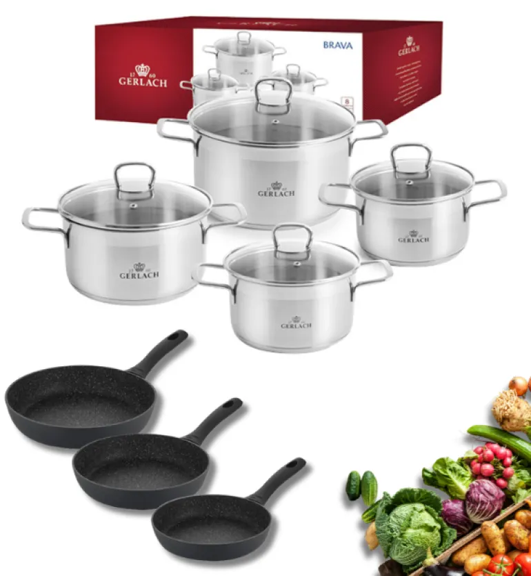 GERLACH BRAVA Komplet Garnki z pokrywkami 8 el + patelnie Gerlach Granitex 20, 24, 28 cm