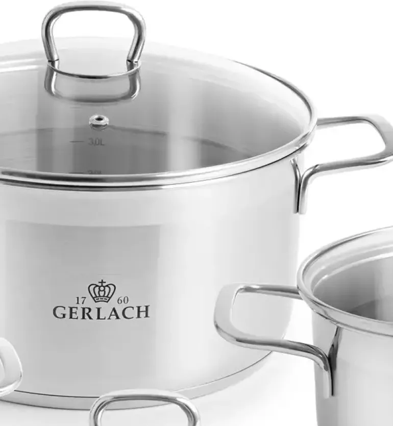 GERLACH BRAVA Komplet Garnki z pokrywkami 8 el + patelnie Gerlach Ambiente 20, 24, 28 cm + Patelnia naleśnikowa 26 cm