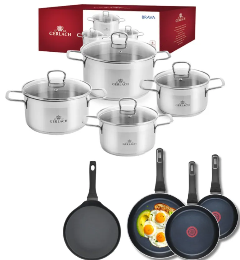 GERLACH BRAVA Komplet Garnki z pokrywkami 8 el + patelnie Gerlach Ambiente 20, 24, 28 cm + Patelnia naleśnikowa 26 cm