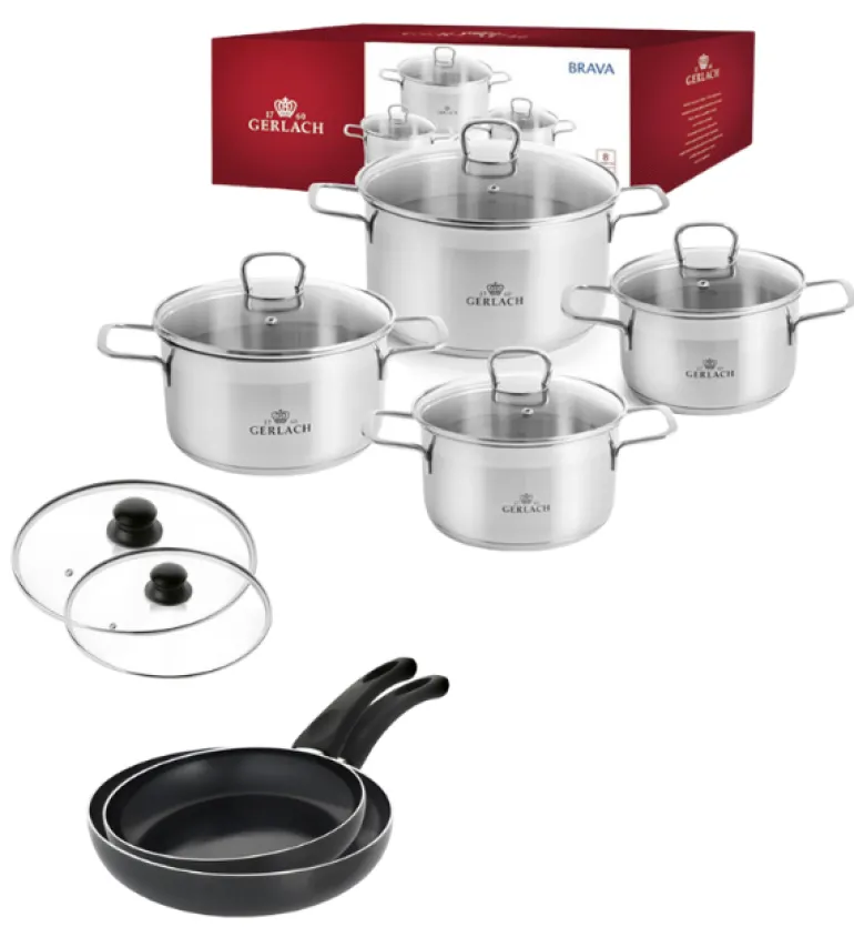 GERLACH BRAVA Komplet Garnki z pokrywkami 8 el + patelnie Gerlach Initial 24, 28 cm + pokrywki