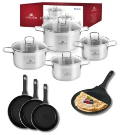 GERLACH BRAVA Komplet Garnki z pokrywkami 8 el + patelnie Gerlach Harmony Classic 20, 24, 28 cm + naleśnikowa 26 cm