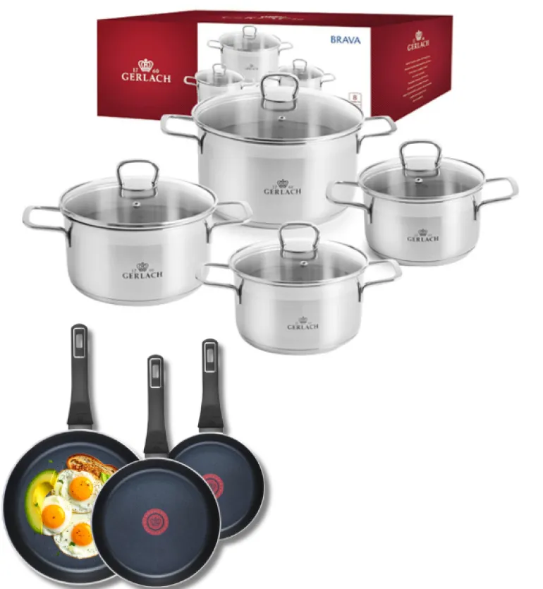 GERLACH BRAVA Komplet Garnki z pokrywkami 8 el + patelnie Gerlach Ambiente 20, 24, 28 cm