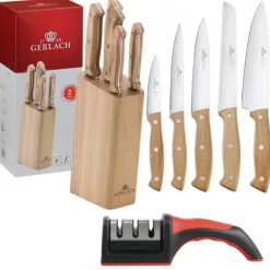 GERLACH COUNTRY 959A Komplet 5 noży w bloku + ostrzałka 3w1 uni czerwona