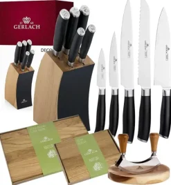 ​GERLACH DECO BLACK Komplet 5 noży w bloku + Natur Tasak do ziół z deską +Komplet desek dębowych