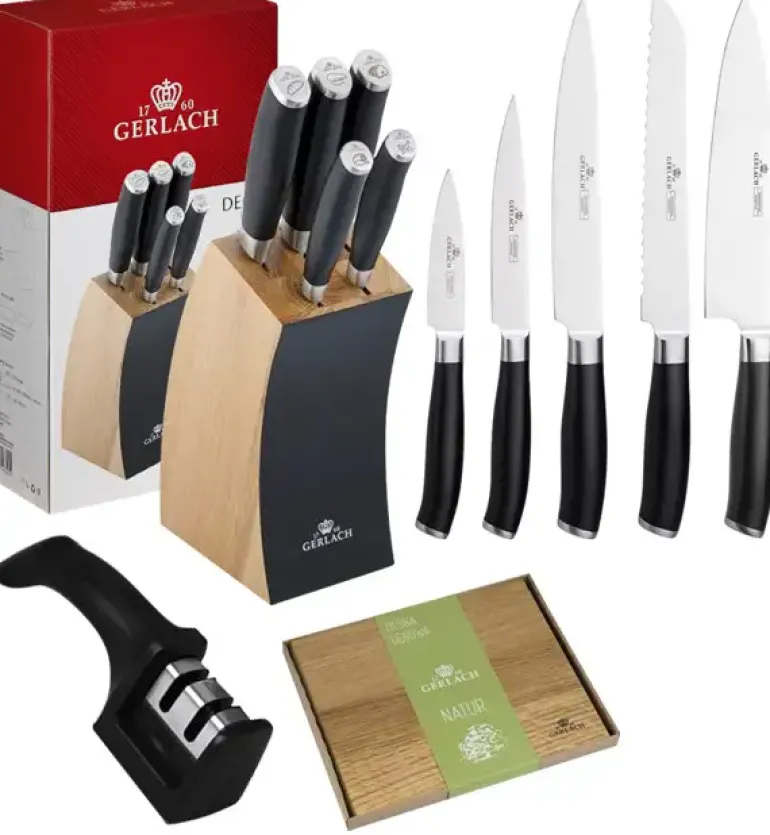 GERLACH DECO BLACK Komplet 5 noży w bloku + ostrzałka 2w1 + deska dębowa